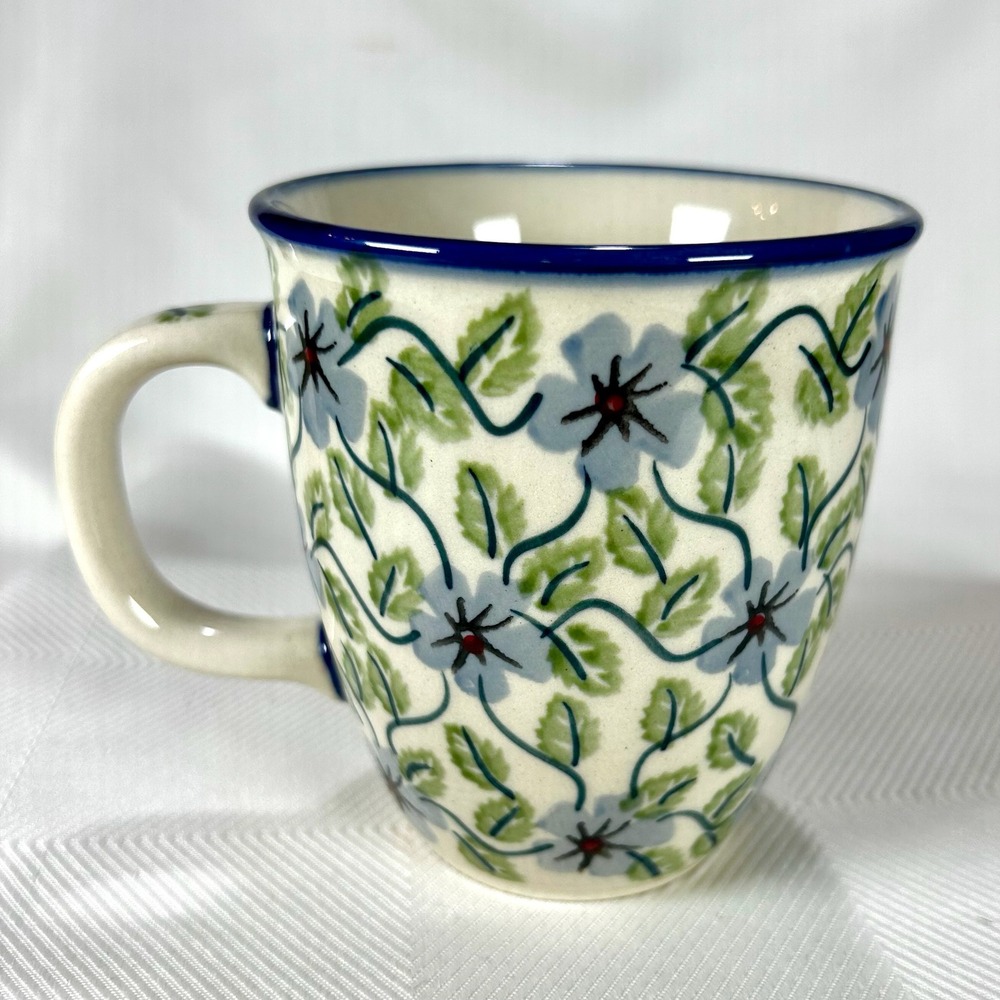 Polish Pottery Unikat Coffee Mug Hand Painted Blue Clematis Periwinkle Vine